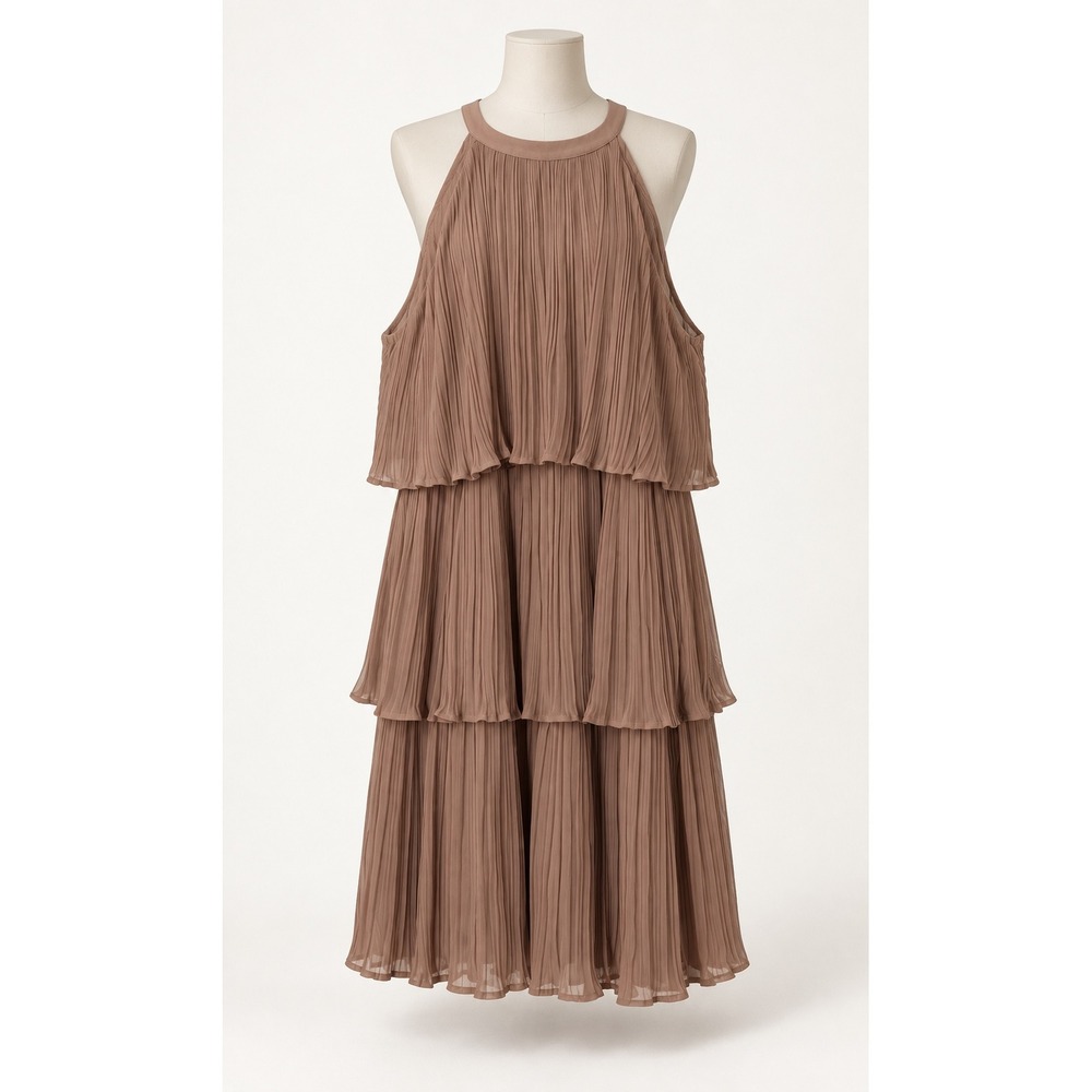 ZESICA Womens Pleated Tiered Mini Dress Mocha Brown Halter Neck Size L